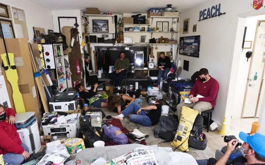 Crowded room with multiple people and cluttered belongings, illustrating the risks of squatting in vacant properties, relevant to home safety concerns in Colorado.
